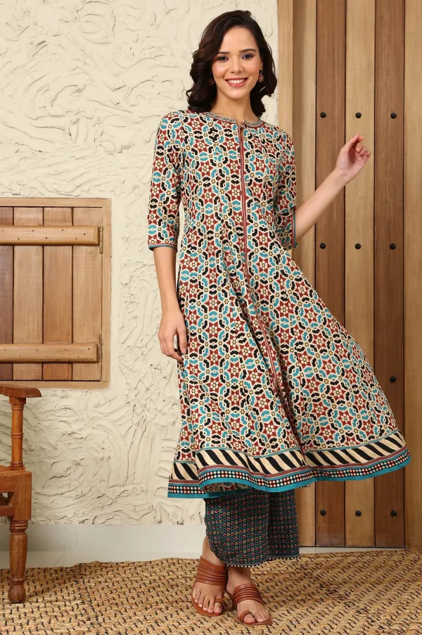 Geometric Print Cotton Flared Kurta by W
