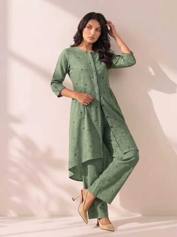 Green Printed Cotton Kurta with Pants- Set of 2