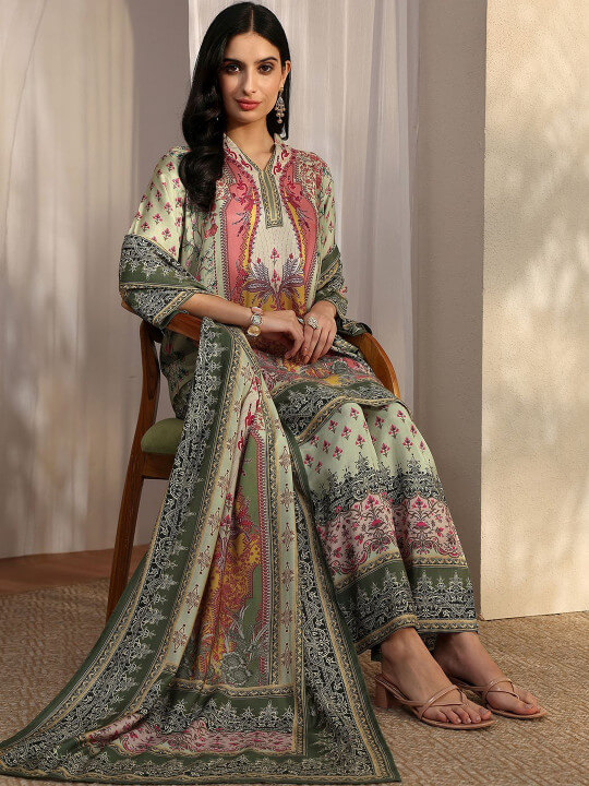 Green Printed Muslin Straight Suit Set With Dupatta