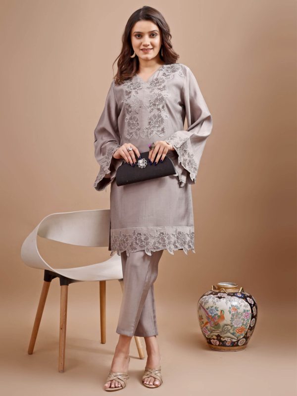 Grey Silk Blend Tonal Sequins Embroidered Kurta with Pant (Set of 2) by Tikhi Imli