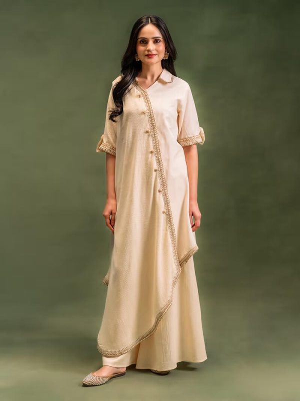 Ivory Striped Cotton Kurta with Pants- Set of 2