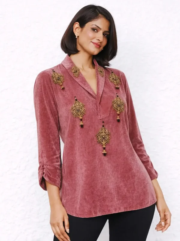 Lavender Shawl Collar Embroidered Three-Quarter Sleeves Velvet Party Top, Regal