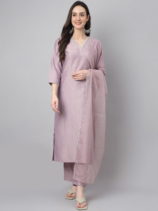 Lavender Silk Blend Embellished Kurta with Pant and Dupatta by Janasya