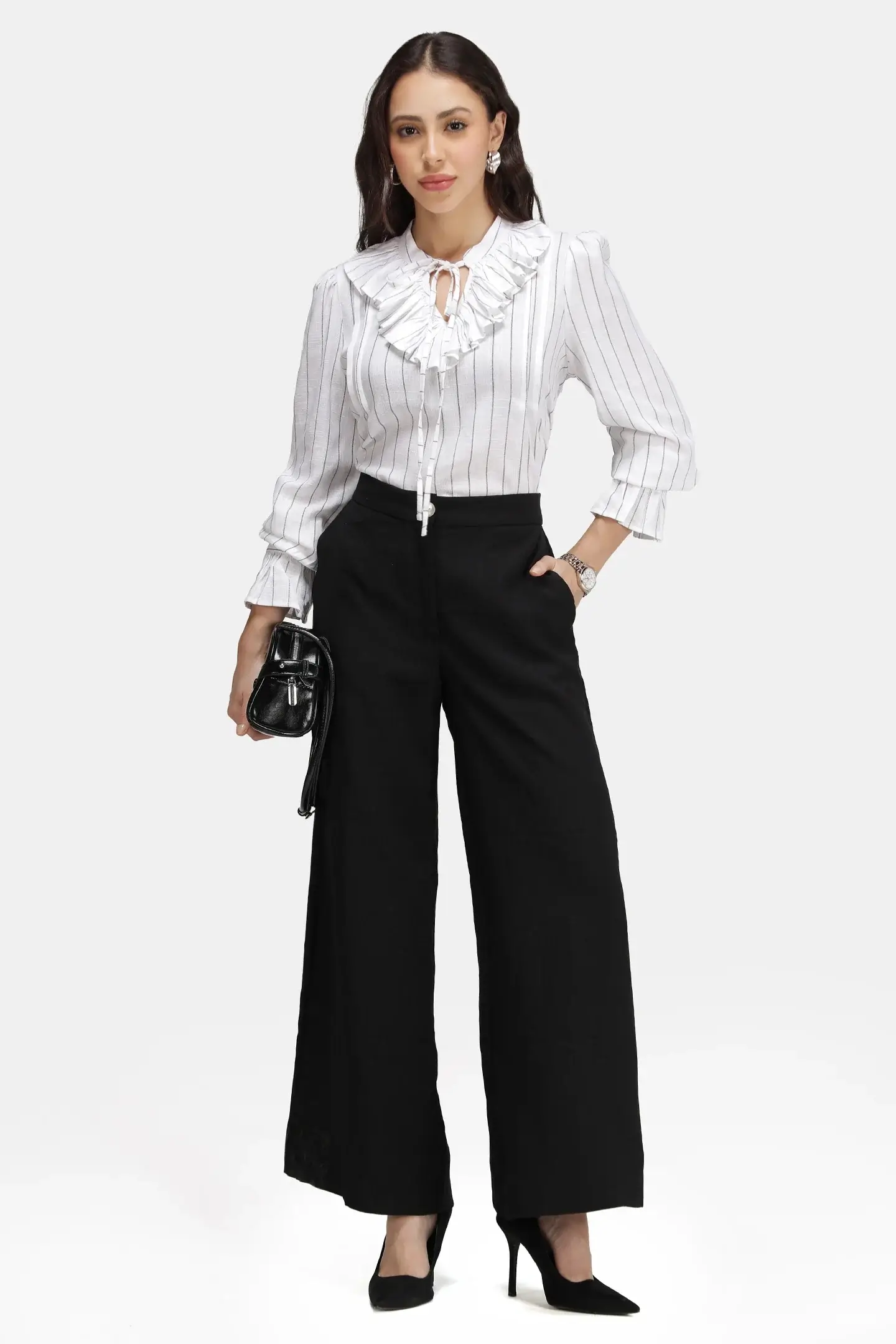 Linen Striped Ruffle Neck Top, Liona