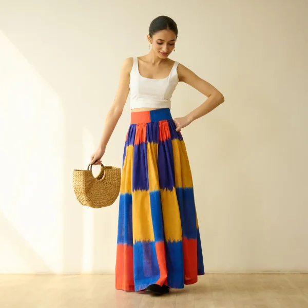 Ludo Check Overlap Slub Cotton Skirt - Multicolour