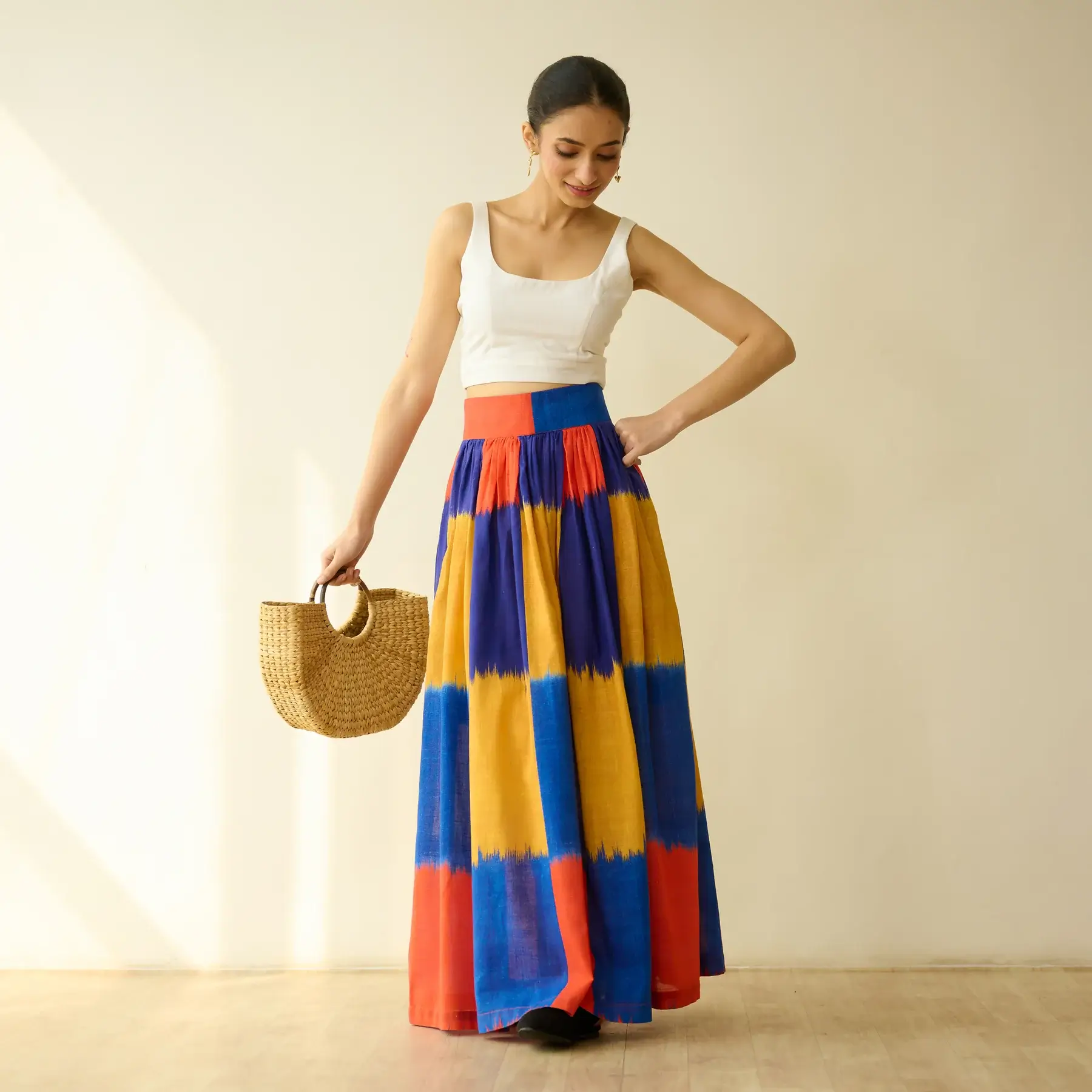 Ludo Check Overlap Slub Cotton Skirt - Multicolour