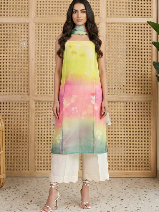 Multicolor Floral Printed Straight Kurta with Flared Pant & Dupatta Set by W
