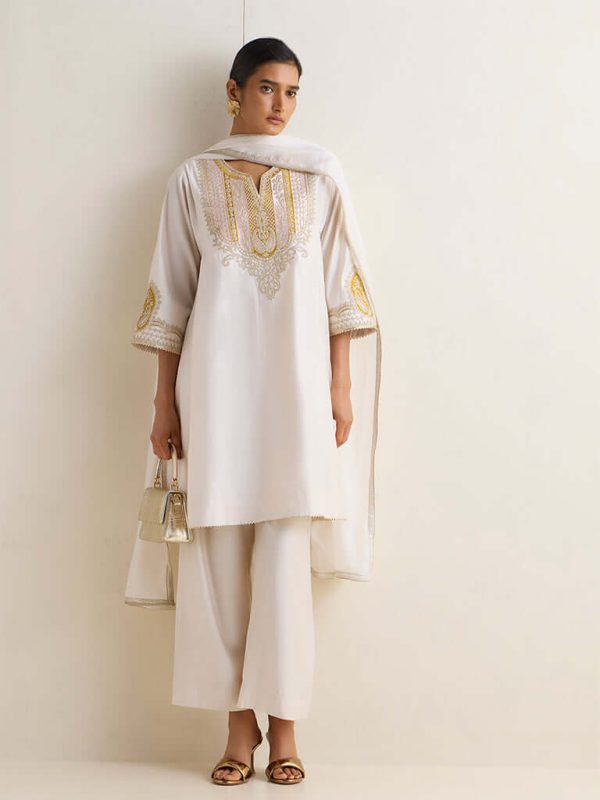 Off-White Embroidered A-Line Ethnic Set by Vark