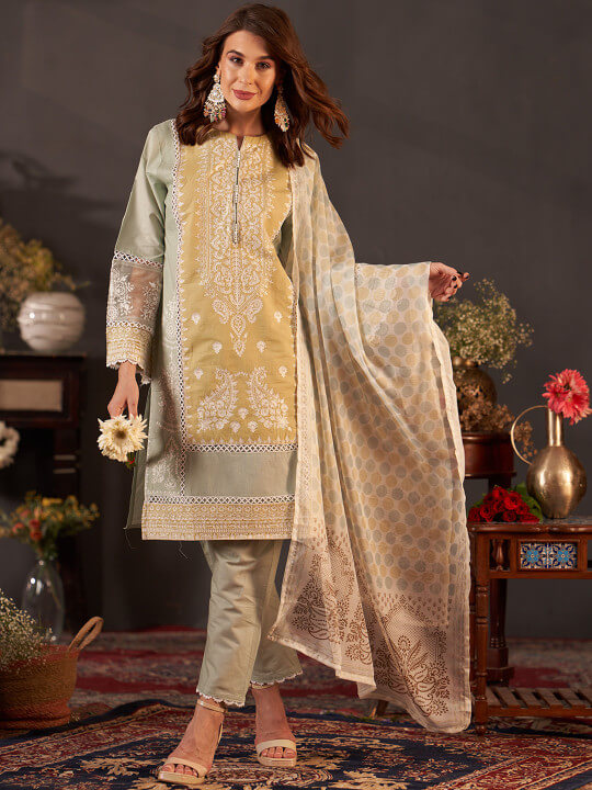 Paisley Embroidered Notch Neck Pure Cotton Straight Kurta & Trousers With Dupatta by Anouk