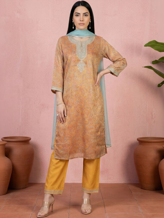 Paisley Printed Sequinned Kurta with Trousers & With Dupatta by W