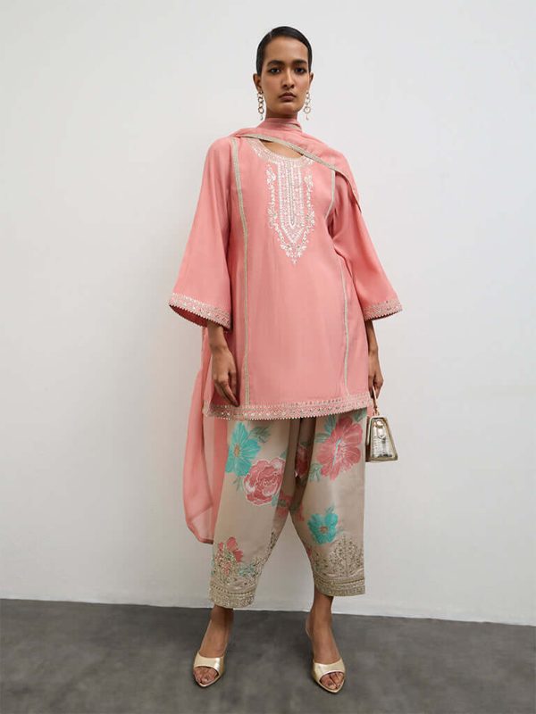 Peach Floral Printed A-Line Ethnic Set by Vark