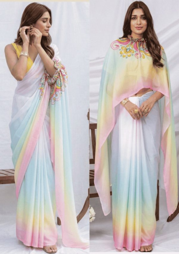 Printed Satin Georgette Free Hands Saree by Chhaap