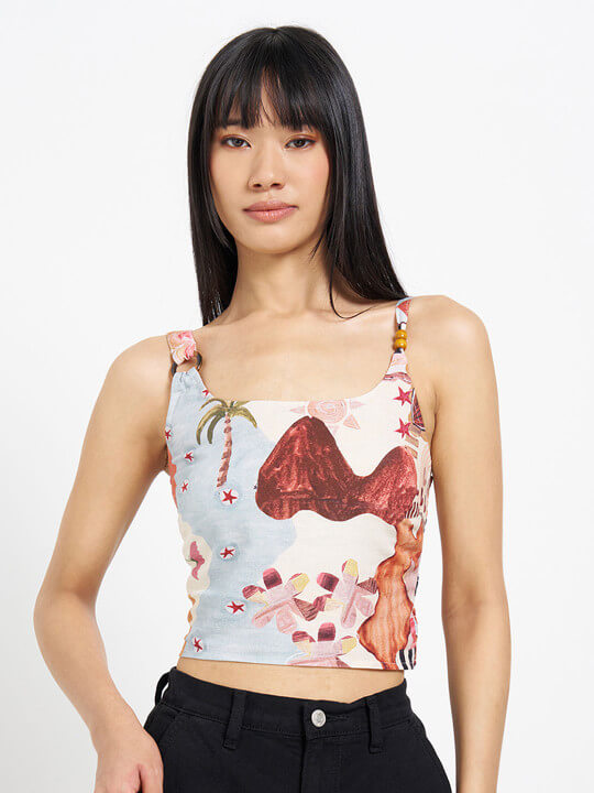 Printed Scoop-Neck Top by People by Pantaloons