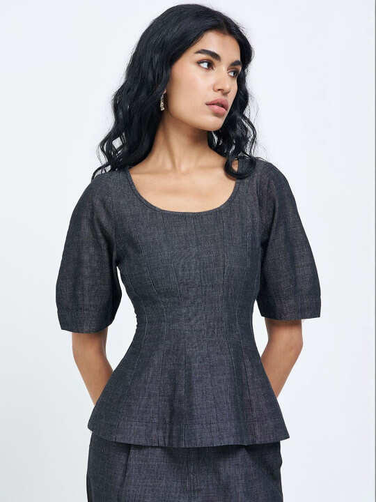 Puff Sleeve Cotton Peplum Top by SF Jeans by Pantaloons