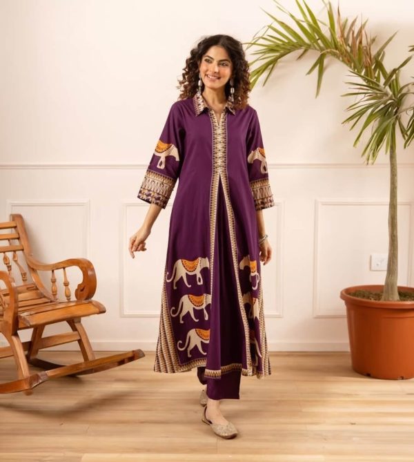 Purple Cotton Printed Kurta With Pants Set by Autumn Lane