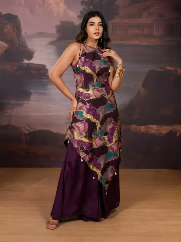 Purple Halter Neck Kurta Set With Foil Print