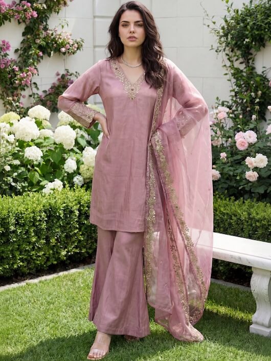 Regular Chanderi Silk Kurta with Trousers by Woomn