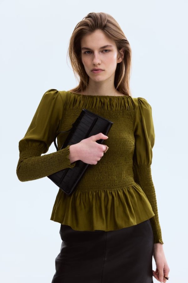 SMOCKED VISCOSE-BLEND BLOUSE
