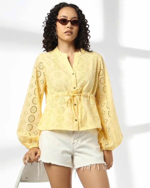Schiffli Embroidered Tailored Fit Peplum Top by DNMX