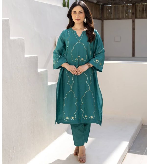 Sea Green Chanderi Regular Fit Co-Ord Set by Asrumo
