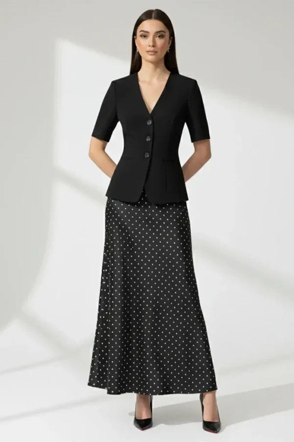 Selóra Satin Maxi Skirt for Women- Black Polka Dot