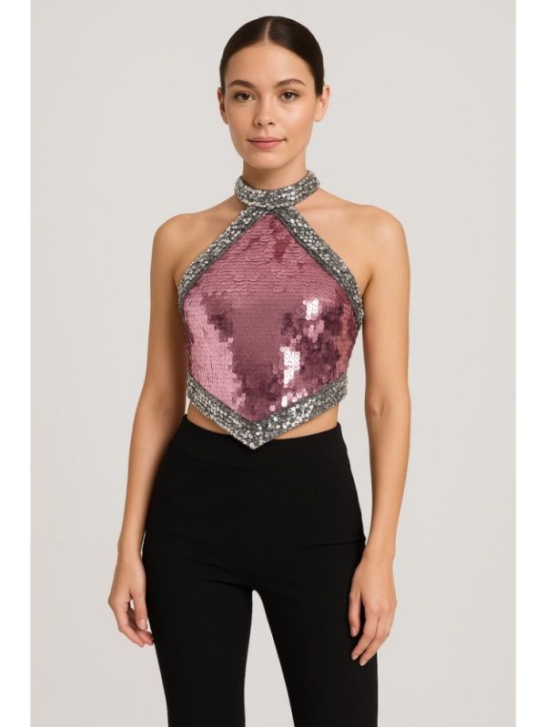Sequin Halter Neckline Contrasting Binding Crop Tank Top by Cider
