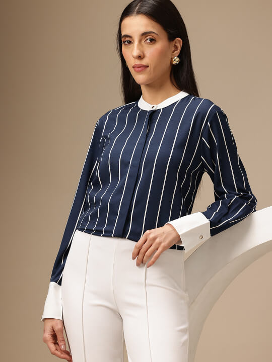 Striped Band Collar Shirt Style Top by Chemistry