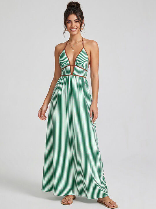 Striped Halter Neck Fit & Flare Maxi Dress by Suo