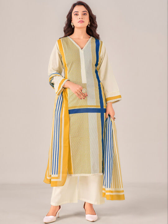 Striped Regular Pure Cotton Kurta with Palazzos & With Dupatta by Ioly