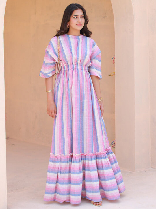 Striped Round Neck Maxi Cotton Dress by Ambraee