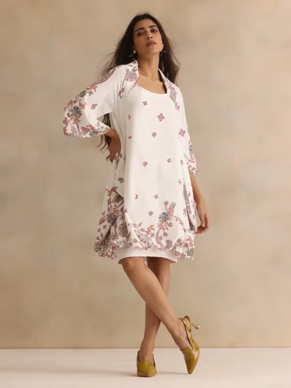 White Paisley Print Square Neck Three-Quarter Raglan Sleeves Knee Length Dress, Jasmina Dress