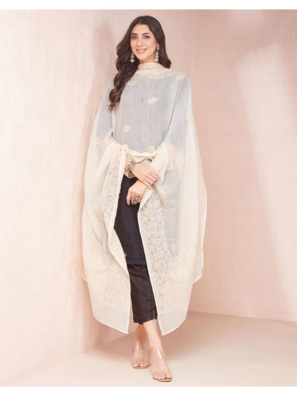 Beige Thread Work Cotton Dupatta by Fabindia
