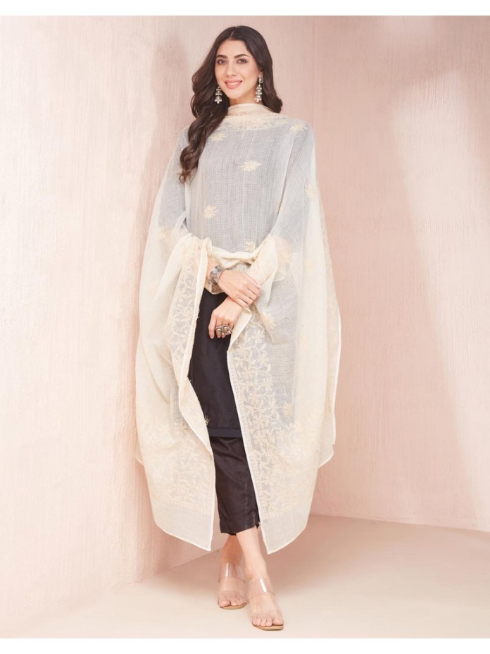 Beige Thread Work Cotton Dupatta by Fabindia