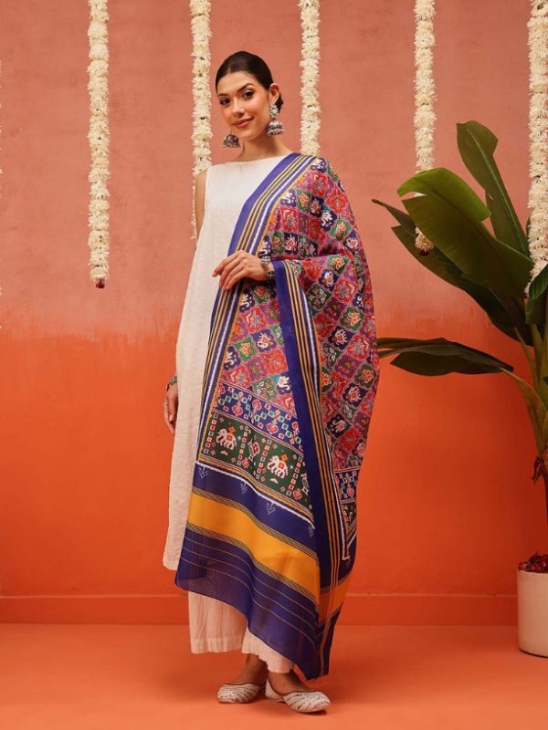 Blue Printed Dupatta by Silk Land
