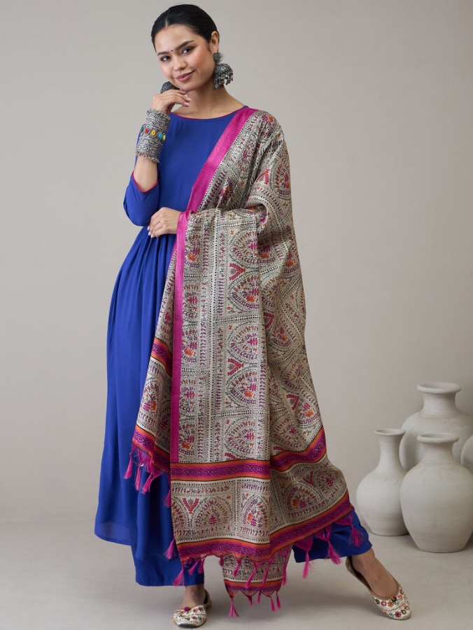 Fuchsia Pink Madhubani Dupatta by InWeave