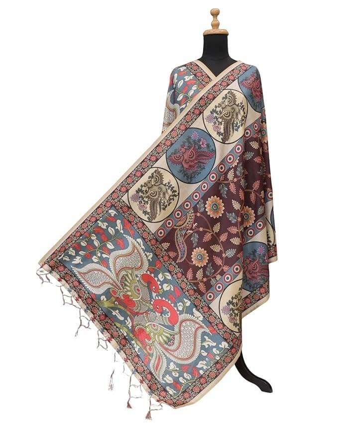 Malai Silk Dupatta Floral Kalamkari Pattachitra Prints Tassel Border