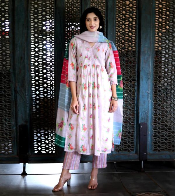 Multicolor Kota Straight Fit Floral Dupatta by Tine Eapen