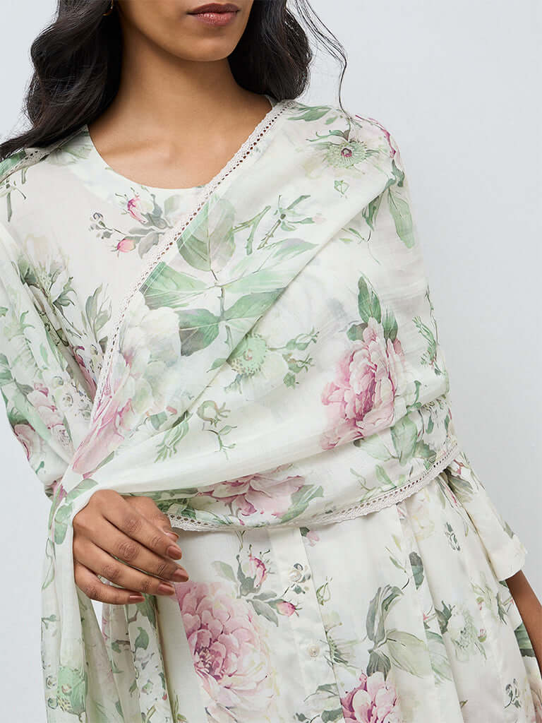 Off-White Floral Dupatta by Zuba
