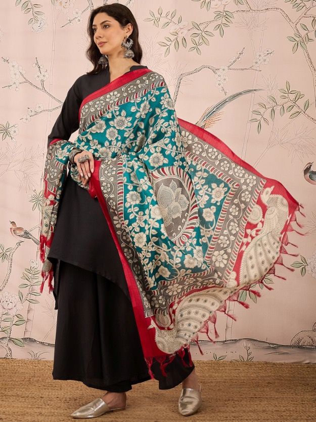 Red Border Big Kalamkari Dupatta by InWeave